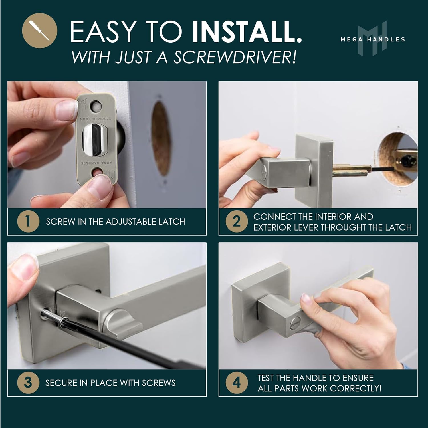 Mega Handles Schein Privacy Door Handle - 1 Pack Reversible Brushed Nickel Door Handles, Heavy Duty Bed & Bath Door Handles with Privacy Door Lock, Fits All Standard Doors - Satin Nickel