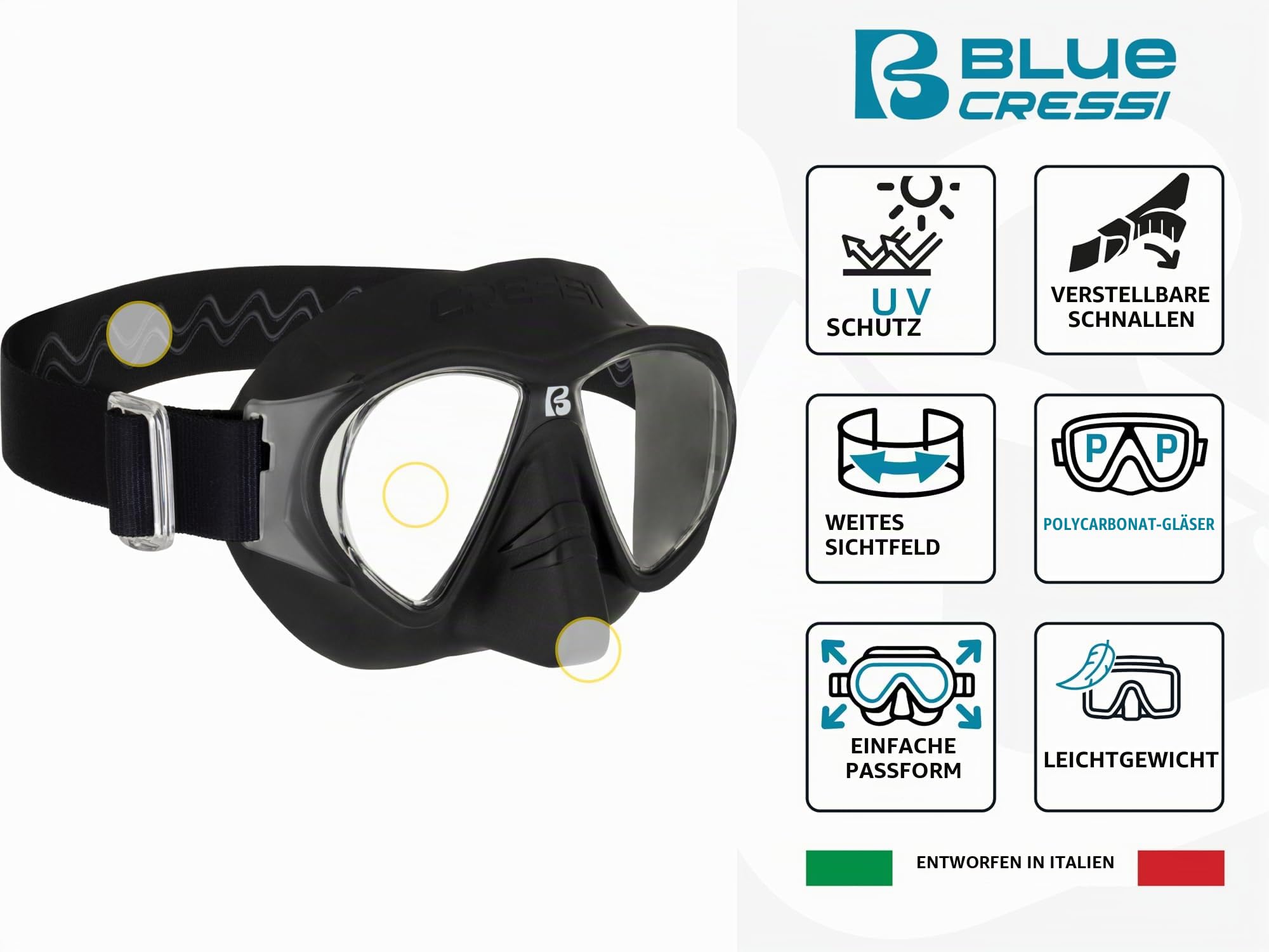 Cressi seit 1946 - Nautilus Combo - Maske Force Polycarbonat Gläsern + Schnorchel Vibe TPR Schlauch Silikon Mundstück Schnorcheln Schwimmen Wasseroberfläche