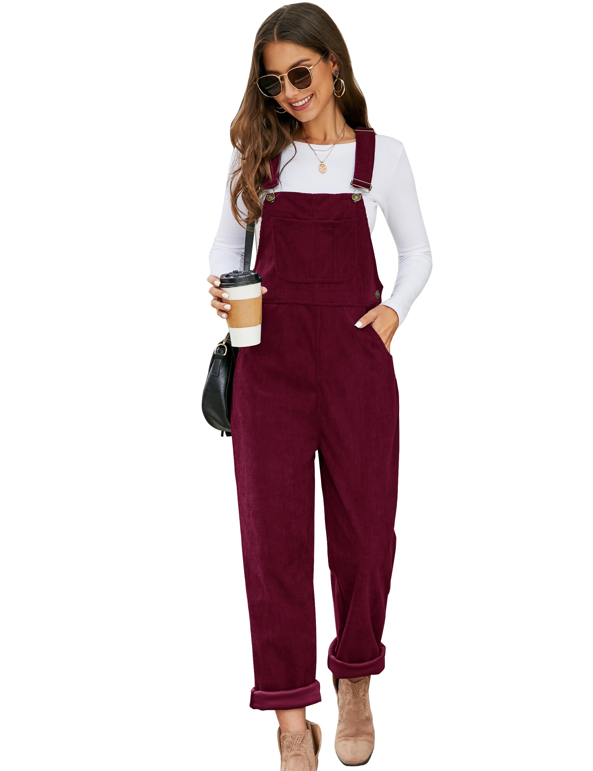 Flygo Corduroy Overalls for Women Loose Fit Adjustable Straps Long Bib Pants Wide Leg Jumpsuits with Pockets