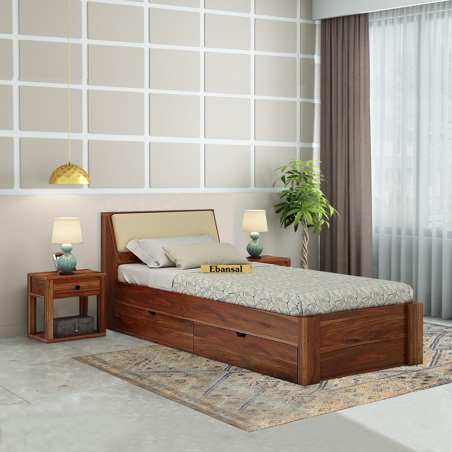 EBANSAL Solid Wood Single Bed for Bedroom | Wooden Furniture Crafted from Premium Sheesham Wood | Elegant Bedroom Single Bed with 2 Drawer Storage | Honey Finish (88X36X19.5 Inches)-image-42