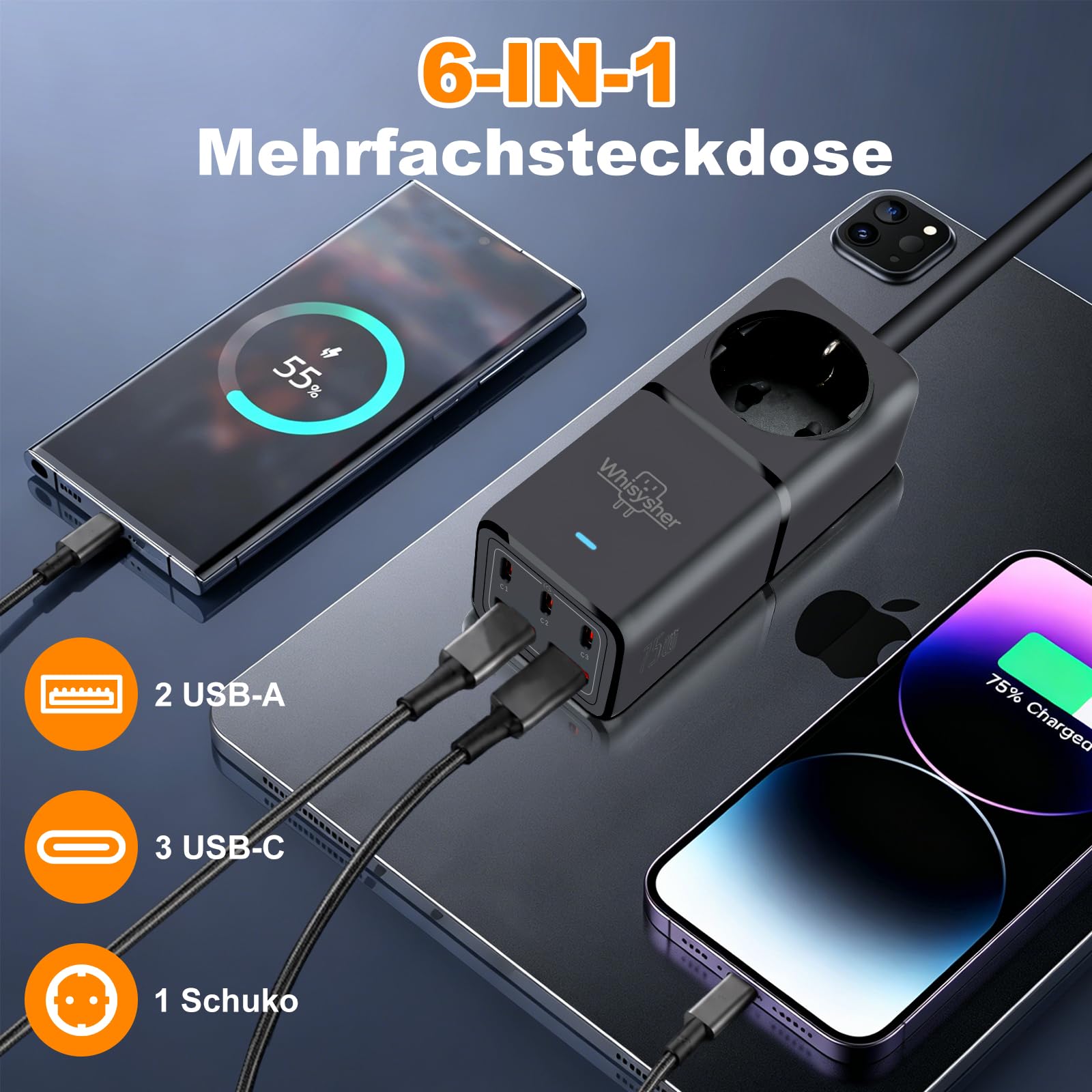 GaN 75W Steckdosenleiste mit USB C, 6-in-1 Mehrfachsteckdose | 1x Schuko + 3x USB-C (PPS) + 2x USB-A, 1,8m Kabel, 4000W, Kompakt, Kindersicher, Steckerleiste für Laptop, Tablet, Smartphone