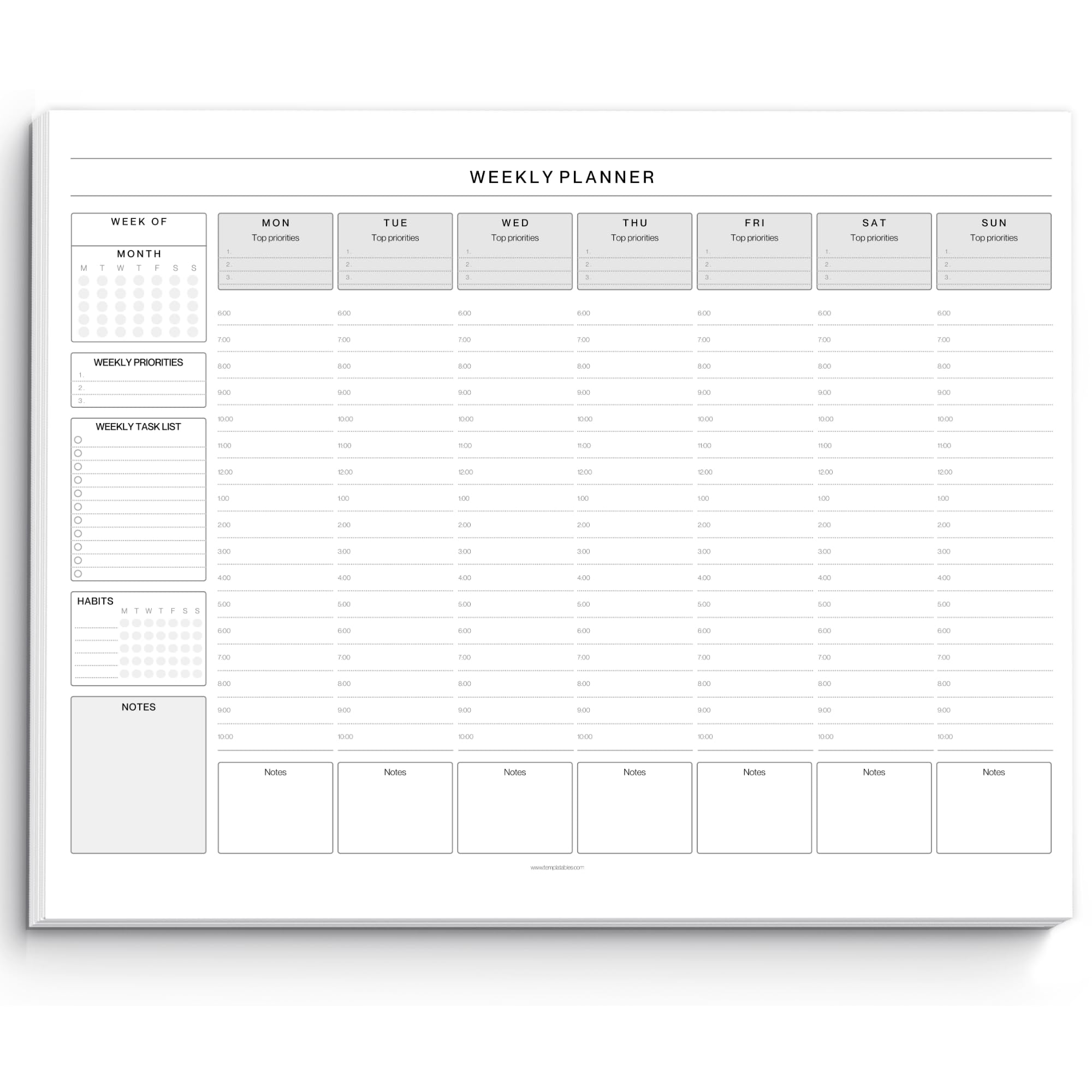 Weekly Hourly Planner Notepad, Daily Planner Desk Pad, Weekly Schedule, To Do List Note Pad, ADHD Planner | 50 Undated Tear Away Sheets | A4 (Mono)