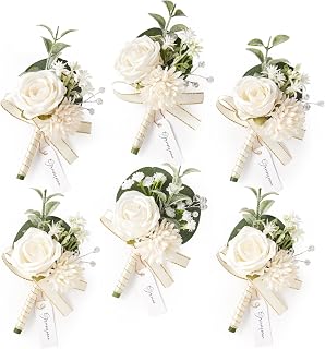 Serwalin 6 Pcs White Boutonniere for Men, Groom Groomsmen Best Man Guest Boutonnieres,Artificial Flowers Silk Rose for Wedding Prom Ceremony Anniversary Party Homecoming