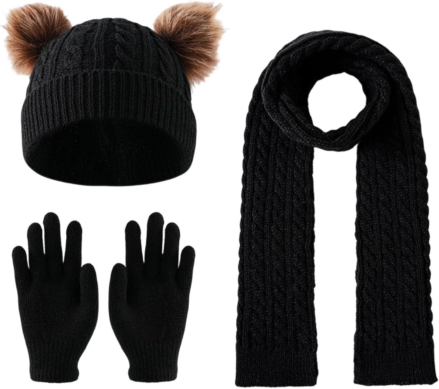 Girls Winter Knit Hat Long Scarf Hand Warmers 3 Piece Set