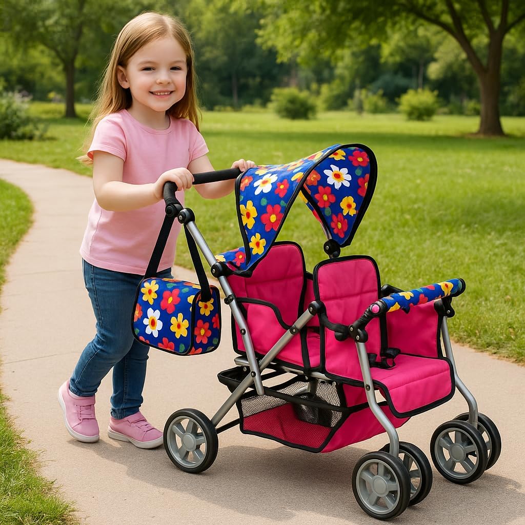 Twin Doll Stroller with Diaper Bag and Swivel Wheels & Adjustable Handle - Pink & Polka Dot Design (Flower)
