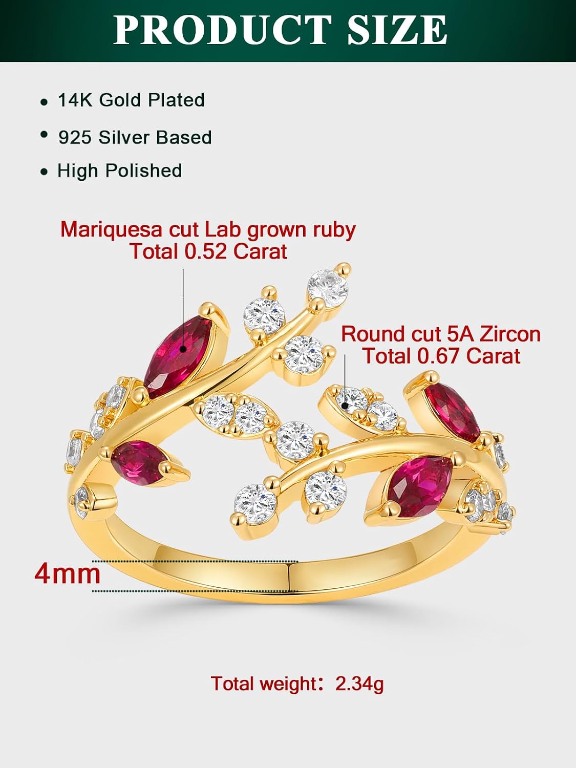 Silver Leaf Ring for Women 925 Sterling Silver Yellow Gold Plated CZ Inlaid Marquise Sapphire/Ruby/Emerald Cocktail Rings Size 6 to 10