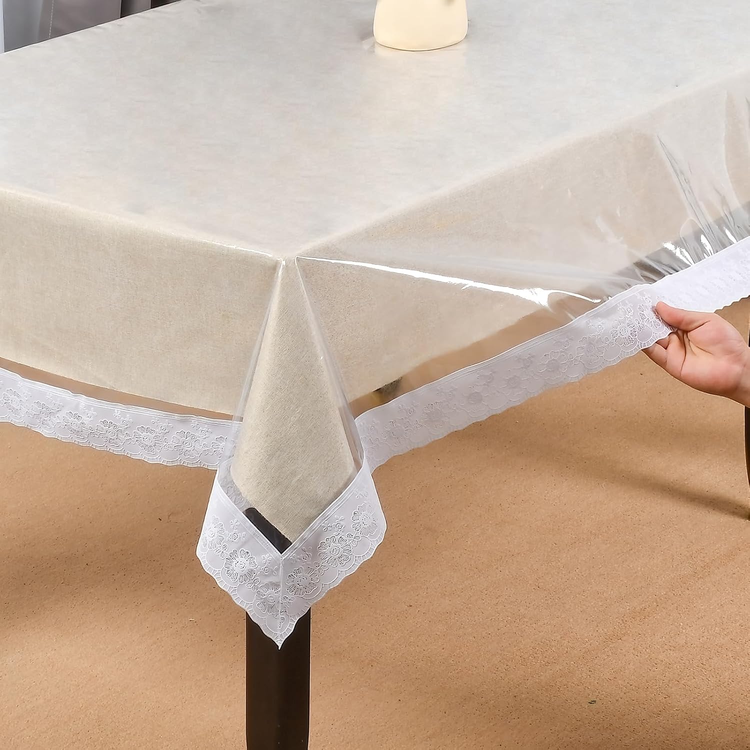 Transparent Vinyl Tablecloth with White lace Edges, Waterproof and dustproof, Suitable for Rectangular Dining Tables in Kitchens (Transparent White lace, 60x104in)