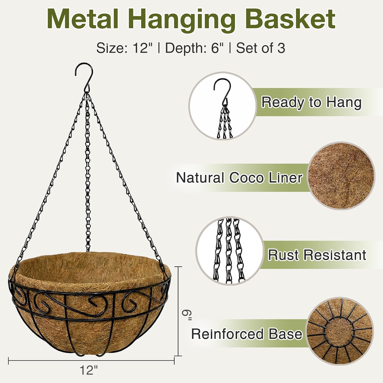 12 Inch Hanging Baskets for Plants Outdoor, 3 Pack Metal Wire Hanging Planters with Coco Coir Liners, Rust-Resistant Flower Basket with Chains & Hooks for Garden Patio Porch Deck Balcony image 2
