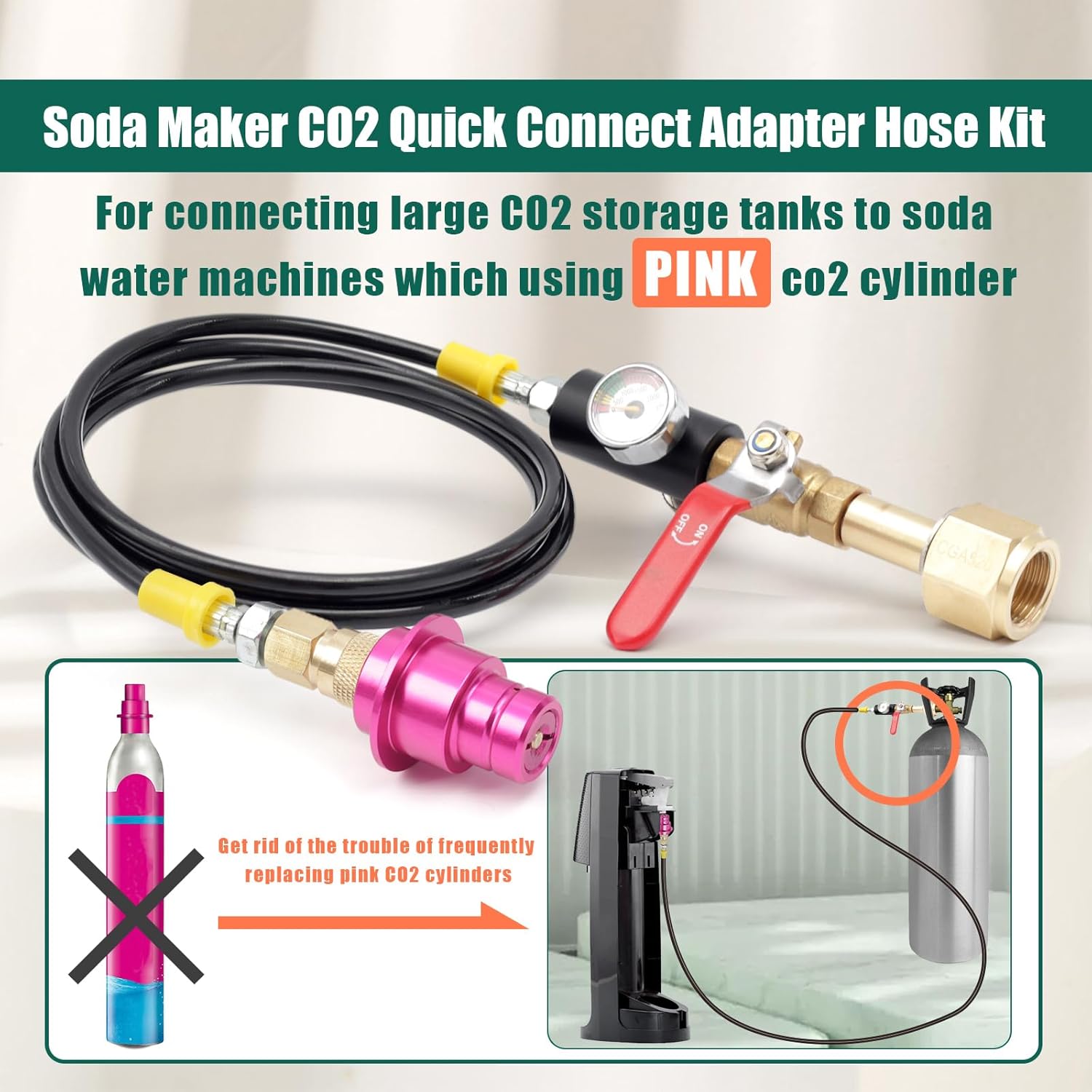 Soda Hose Kit Soda Maker Quick Connect Adapter with Flow Control Ball Valve, 60inch Stainless Steel Hose for CO2 Tank Refill Compatible with Gaia Terra DUO Art Sparkling Water Machine Pink Cylinder