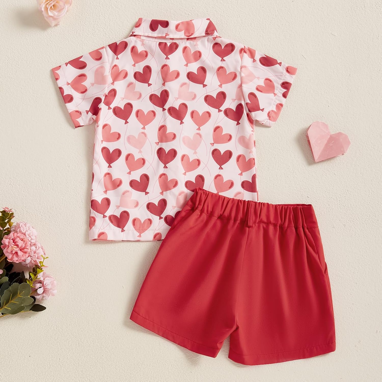 Baby Boy Valentines Clothes Short Sleeve Heart Print Button Down Shirt Bermuda Shorts Kids Gentleman Outfit - Image 4