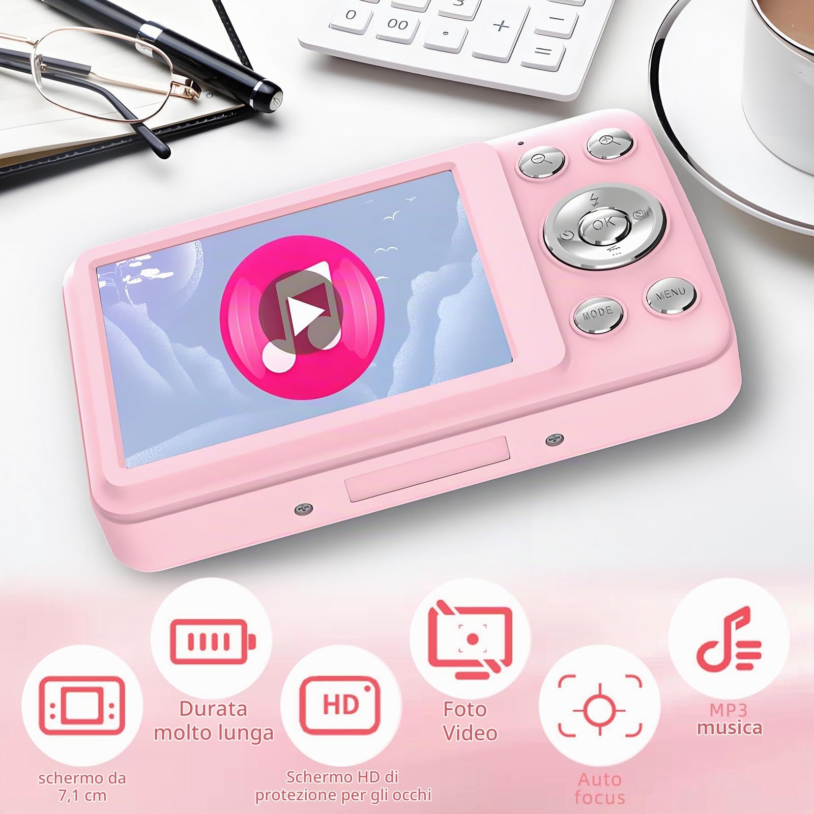Fotocamera digitale, 16MP 1080P FHD con display da 2,4 pollici, zoom 16x, autofocus, anti-shake, fotocamera compatta e portatile entry-level per foto e video, Rosa