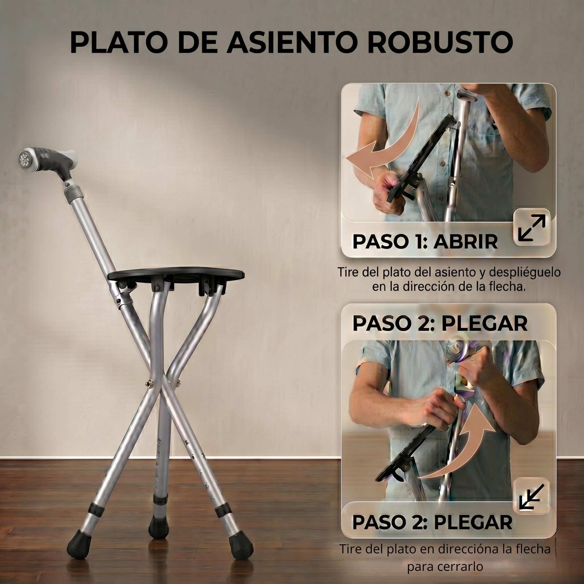 Bastón con Asiento Plegable - Silla portátil Ligera para Descansar piernas y Rodillas, Bastón para Personas Mayores con luz LED y 3 Patas Antideslizantes, Ideal Paseos y Compras, Negro
