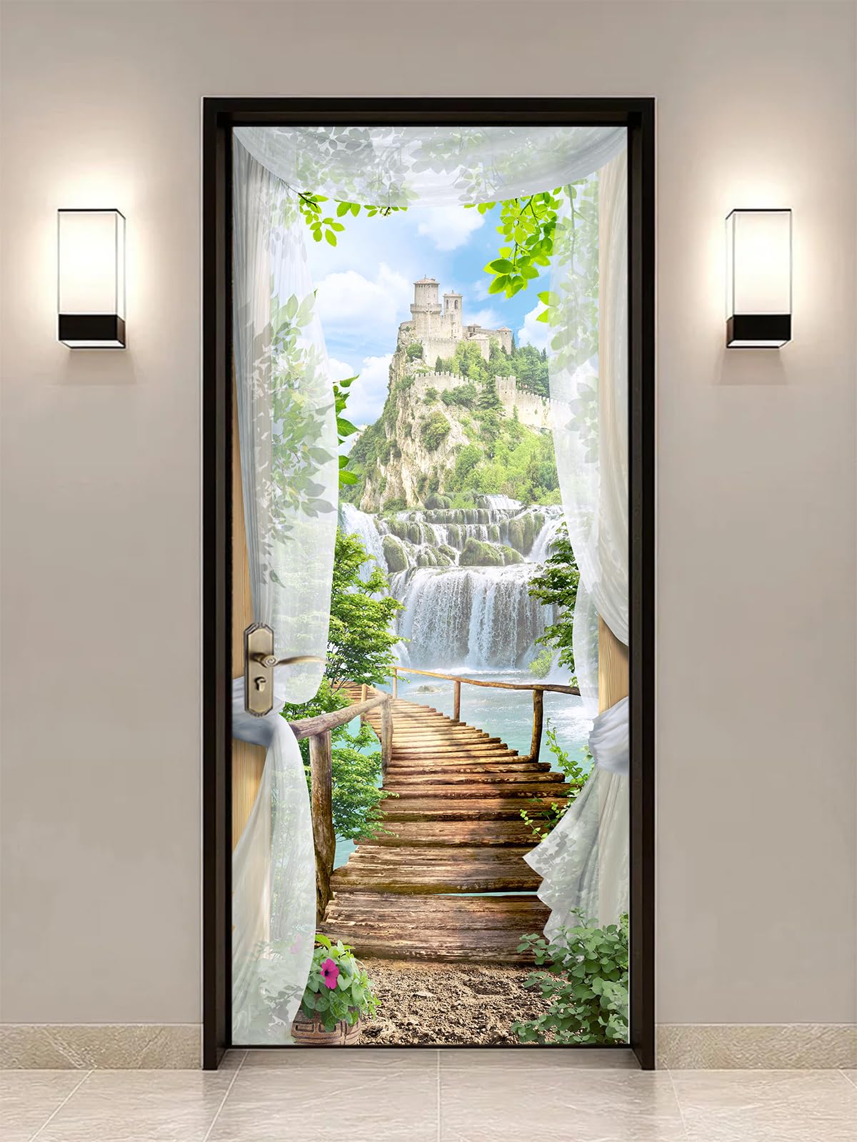 FLFK 3D Door Mural Peel and Stick 85x215cm - View of The Castle Self-Adhesive Door Sticker Wallpaper Wall Poster Decals for Bedroom Home Decor(2Pcs/Set)