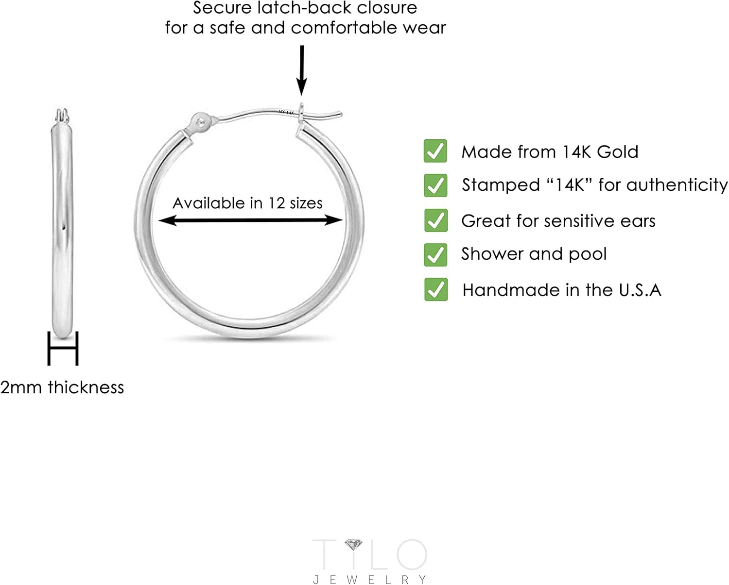 14k White Gold Classic Round Hoop Earrings - Image 5