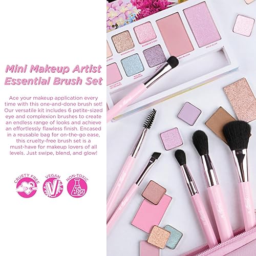 Miniatura 4 de Petite N Pretty Essential - Juego de brochas para sombra de ojos con pinzas de pato, bolsa de maquillaje rosa, 6 pinceles de artista y accesorios