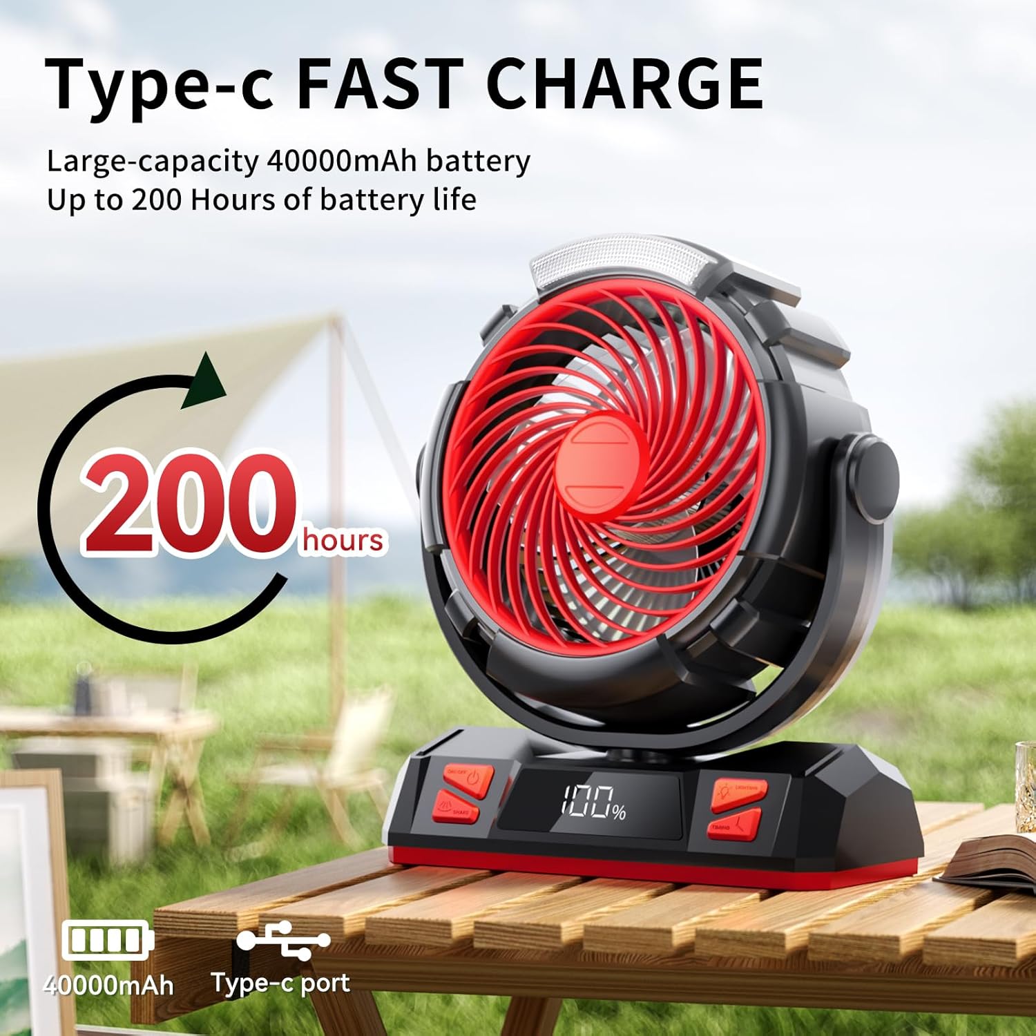 Camping LED Fan with Light, 40000mAh Rechargeable Battery Powered Outdoor Tent Fan with Light and Hook, 6 Speed, Personal USB Desk Fan for Camping, Fishing, Power Outage,Hurricane, Worksite - Image 4