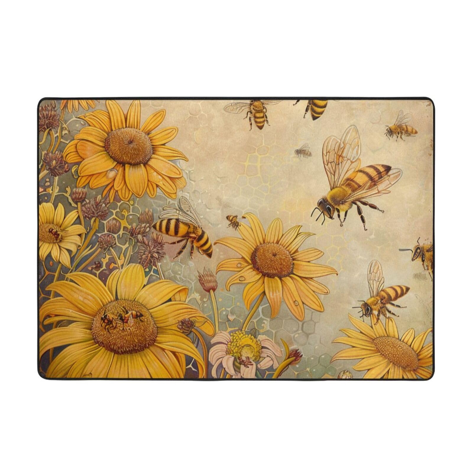 Grand tapis de sol imprimé fleurs d'abeilles rurales salon chambre 203 x 147 cm