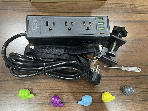 Miniatura 8 de Regleta de alimentación con abrazadera de escritorio con USB C (20 W PD) y USB A, 9 salidas de CA, protector de sobretensiones, enchufe plano, cable