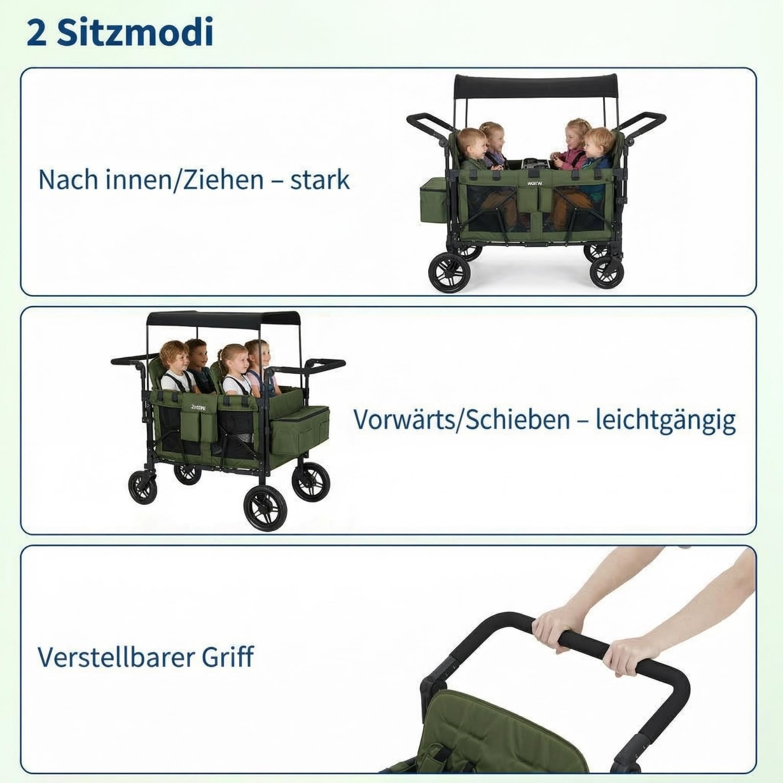 Bollerwagen faltbar mit 4 Sitze,Premium Bollerwagen für 4 Kinder mit Dach Kinderwagen Handwagen mit 5-Punkt-Gurt,Snack Tablett,Sonnenschutzdach,geländegängigen PU-Rädern