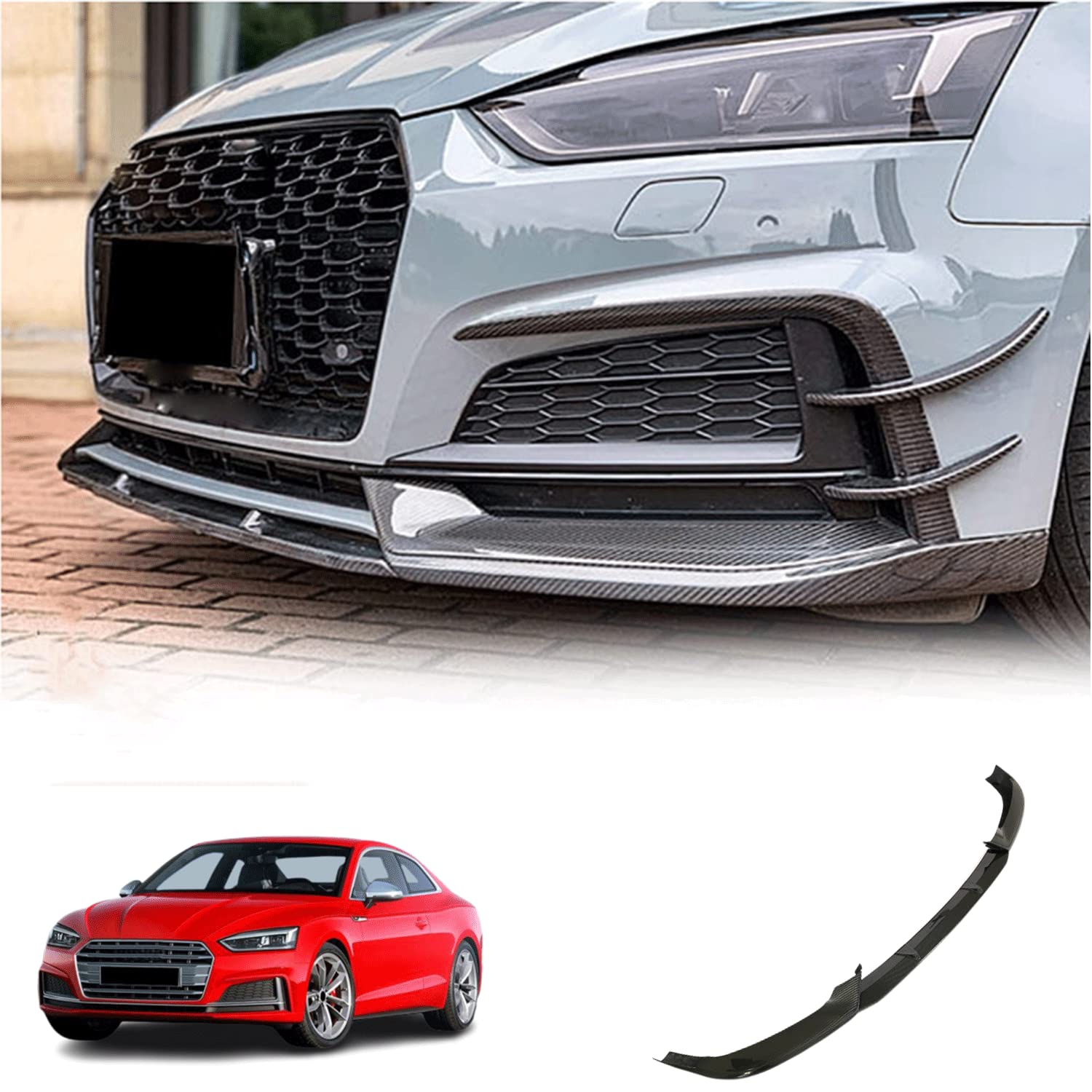 Jun-Star S5 A5 B9 Carbon Fiber Front Bumper Lip Fits for Audi S5 A5 B9 Sline 2017-2019 2-Door 4-Door Front Bumper Lip Chin Spoiler Body Kit Trim Protection for Audi (Without splitters)