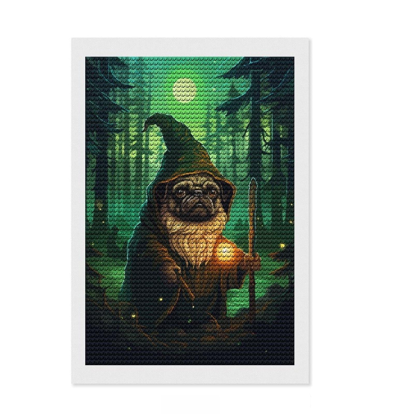 Junmoney Pug Wizard Forest Pixel Full Drill Diamond Painting Kit 8"x12", for Adults, Living Room Decor, Enjoyable At-Home Hobby, Gift Idea