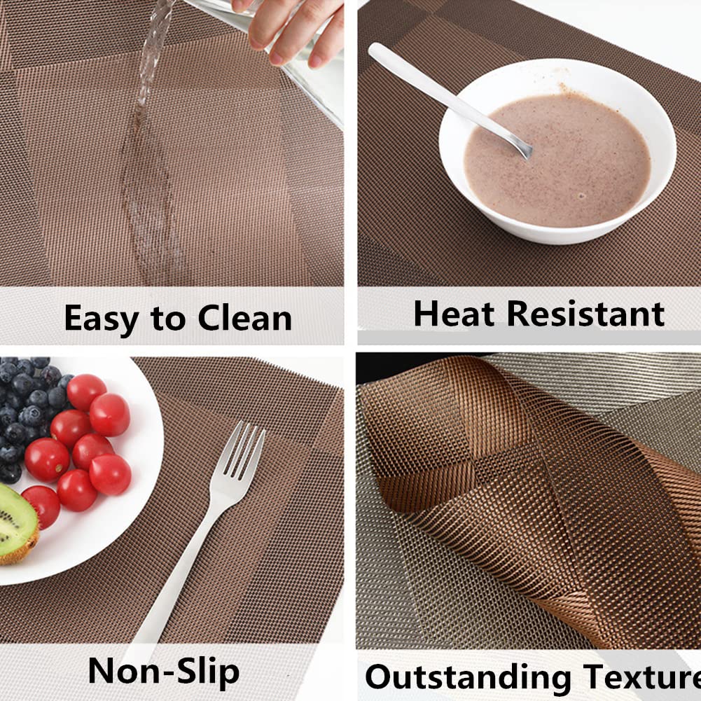 Xmkuwa Placemats, Washable PVC Table Mats, Woven Vinyl Placemat for Dining Table Place Mats Set (6 Placemats and 1 Table Runner, Brown) - Image 3