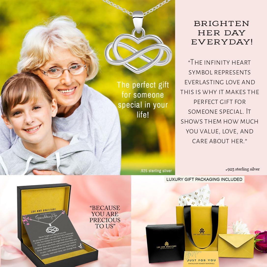 LUV AND GRATITUDE Granddaughter Gifts from Grandma, Granddaughter Necklace, Granddaughter Birthday Gifts, Sterling Silver Infinity Heart Necklace for Granddaughter with Message Card and Gift Packaging - Image 6