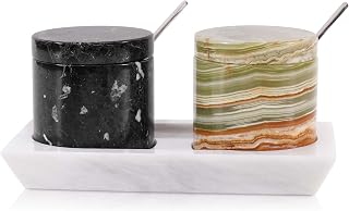 Radicaln Bodega de sal de mármol con tapa y bandeja de 3 pulgadas, hecha a mano, color negro y verde, pequeño recipiente de sal para sal marina, sal rosa, condimento, azúcar, sal escamosa, caja de