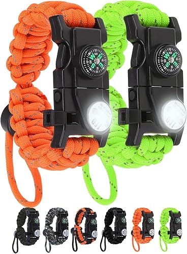 Pulsera de cuerda de paracaídas de supervivencia ajustable, paquete de 2 kits de inicio de fuego de emergencia con silbato fuerte, brújula, luz de