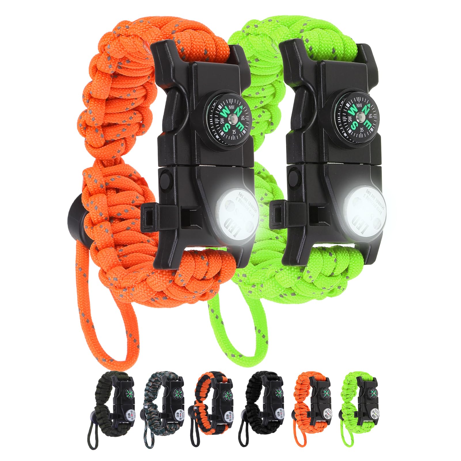 NESAYVER Survival Bracelets Paracord Bracelets 2 pcs with Loud Whistle Light Flint Adjustable Compass Bracelet for Outdoor Camping