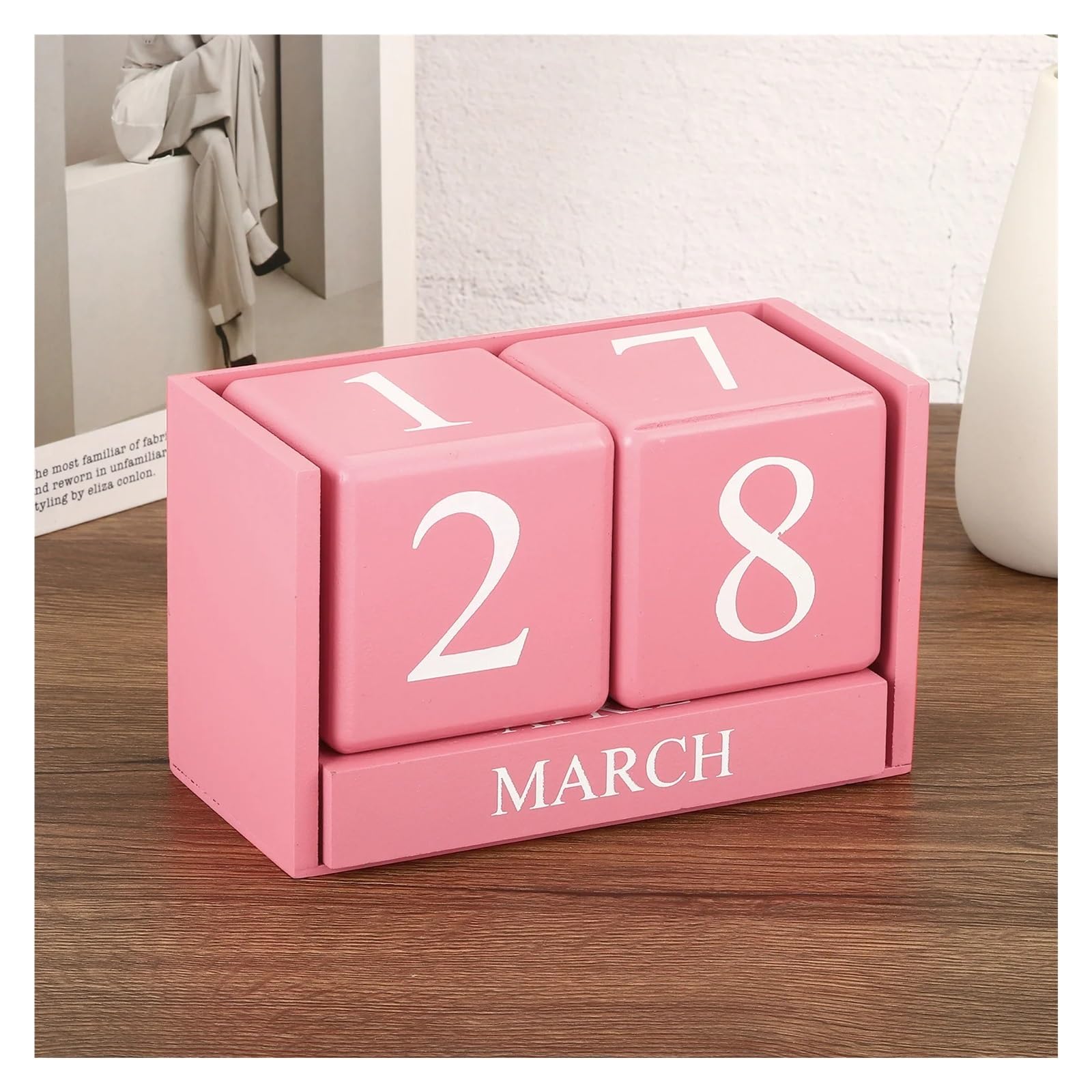 Desk Wooden Calendar Blocks Blocs de calendrier en bois Vintage, affichage du mois et la Date, accessoires bureau, bloc pour Salon ou Bureau(Brown 95x45x55mm)