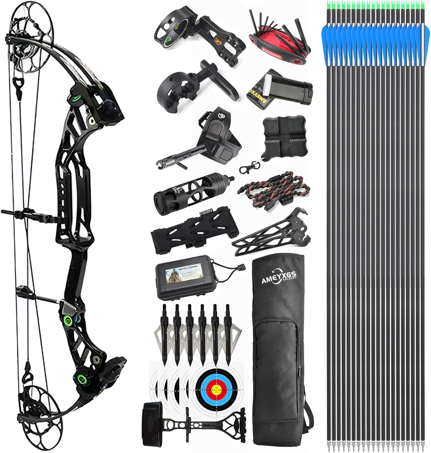 Compound Bow Kit, Hunting and Target, Limb Made in USA,Draw Weight 40-75 lbs Adjustable, Draw Length 25.5-30.5",up to IBO 350FPS Speed, Package with Archery Hunting Accessories (Black)