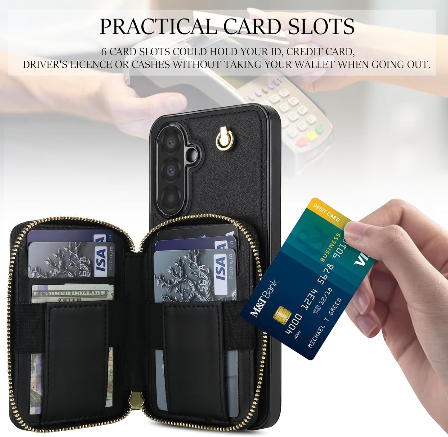 Phone Case for Samsung Galaxy A56 5G Wallet Cell Cover with Tempered Glass Screen Protector Wrist Crossbody Strap Lanyard Stand RFID Blocking Credit Card Holder Slot A 56 56A LTE Women Men Girls Black