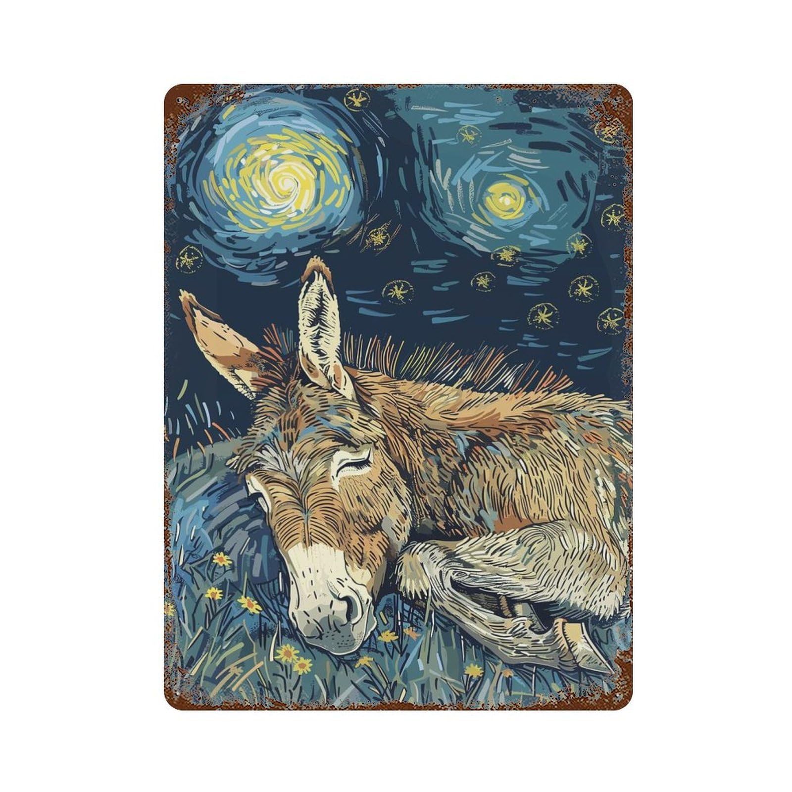 Rust Effect Donkey Sleeping Under Starry Night Sky Vintage Rust Metal Sign 15.7"x11.8", Classic Wall Plaque for Shed, Workshop And Garage Wall Decor