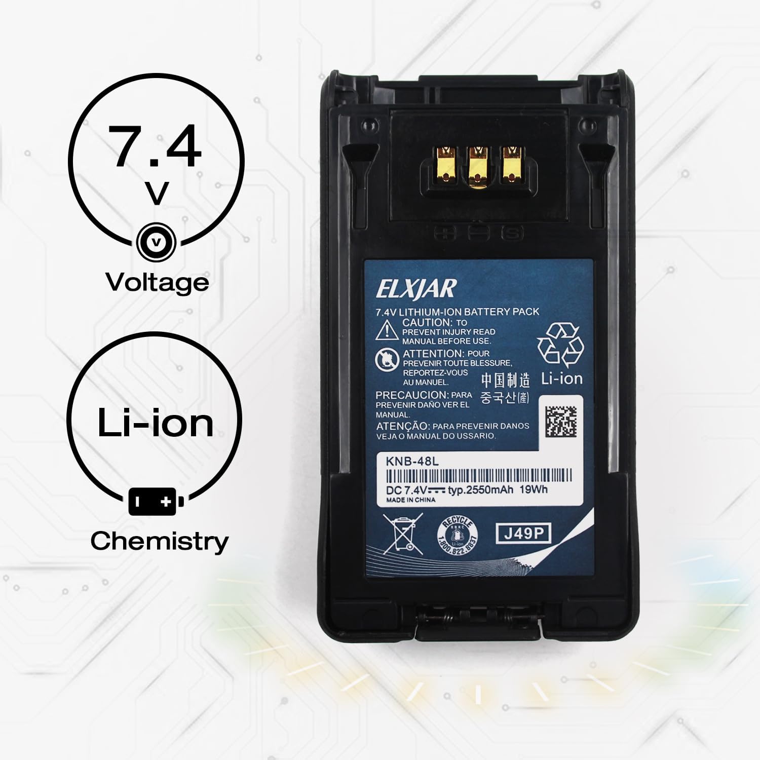 elxjar (2-Pack) 7.4V 2550mAh KNB-48L Li-Ion Battery Replacement for Kenwood NX-200, NX-300, NX-200G, NX-300G, TK-5220, TK-5320 Two Way Radios