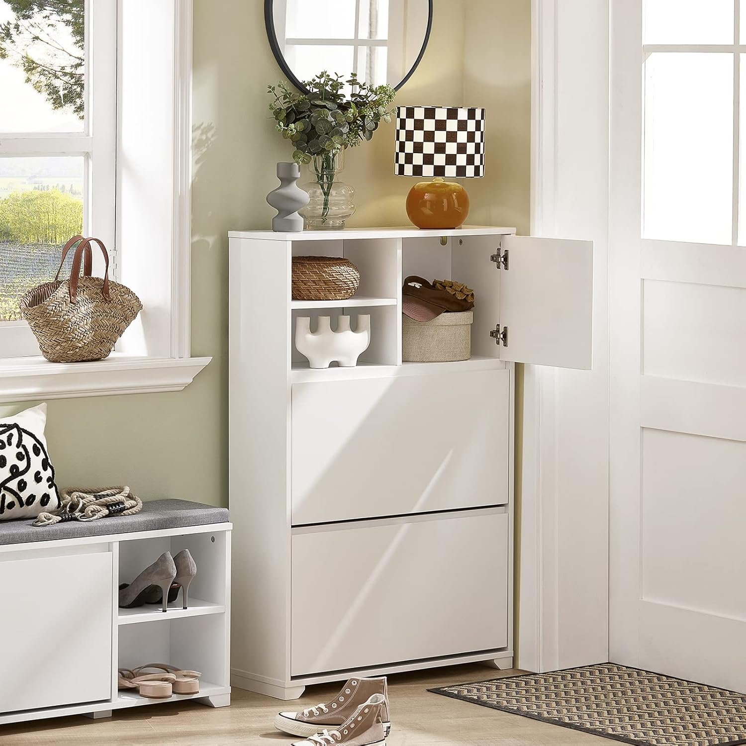SoBuy FSR111-W shoe cabinet with the top door open, showing internal storage