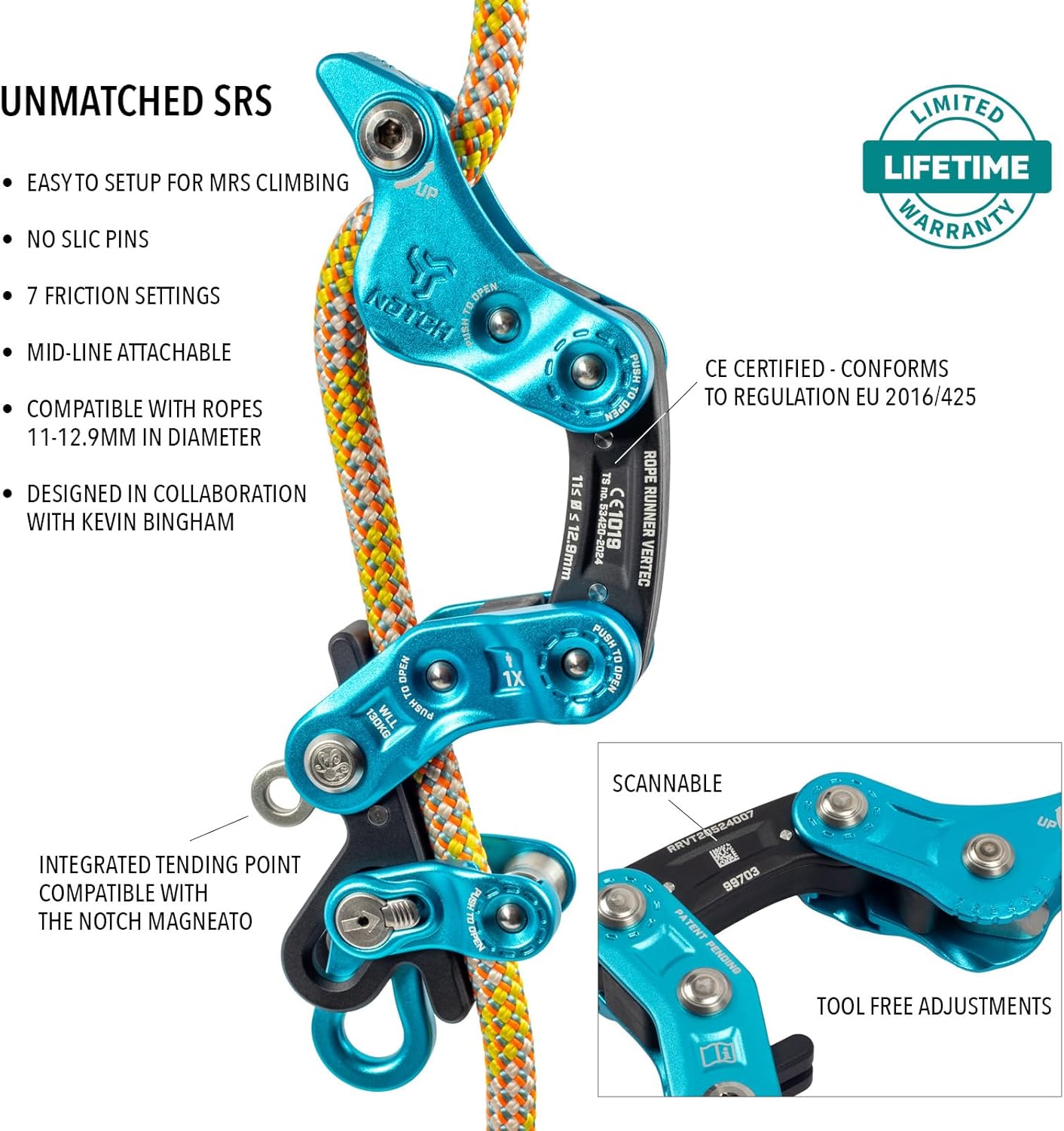 Notch Rope Runner Vertec Ultimate Climbing & Work Positioning Device, Tool-Free Adjustability, Midline Attachable, Use with Lines 11-12.9mm (99703)