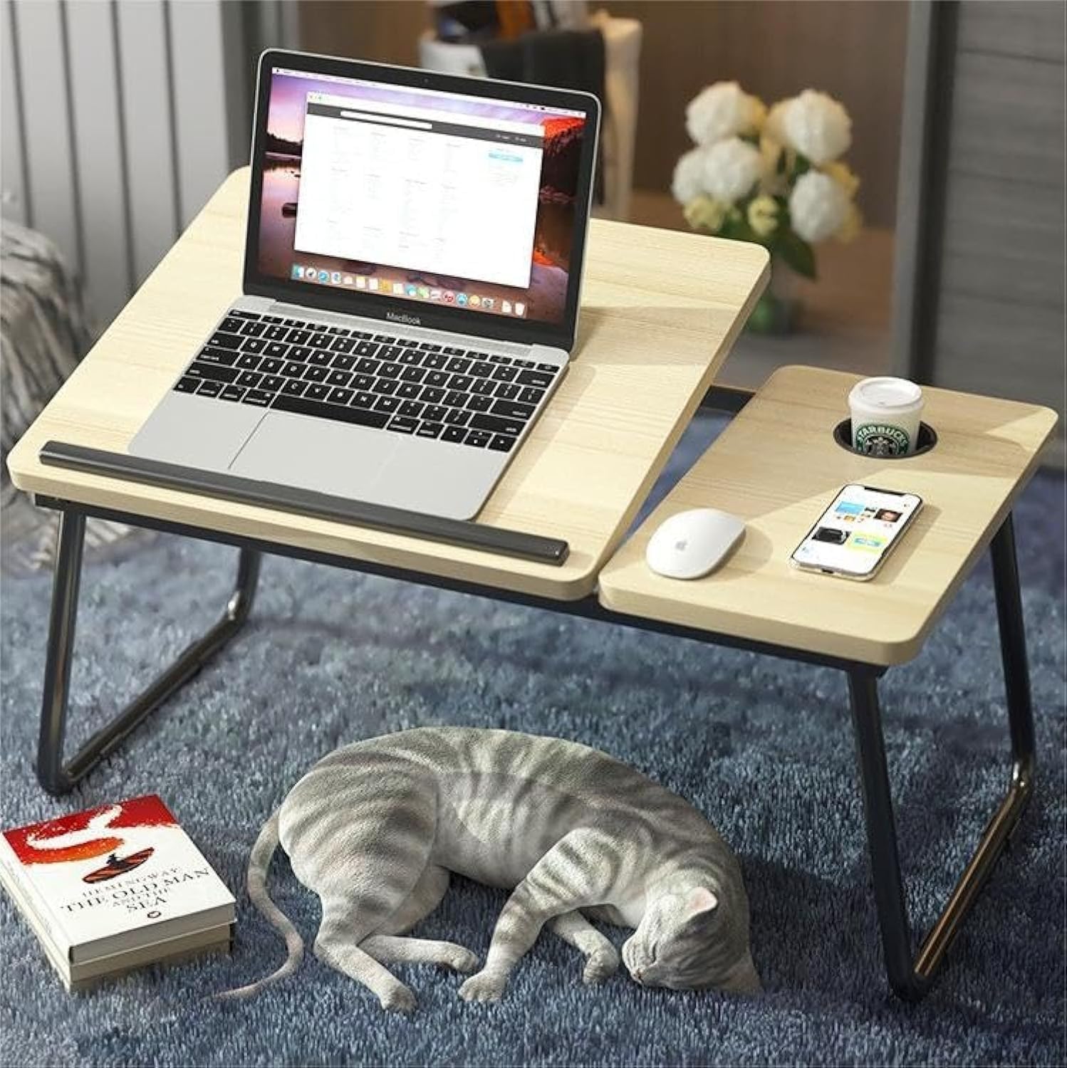Portable Folding Laptop Desk, Laptop Bed Tray with ipad and Cup Holder, Adjustable Height Tilt Lap Desk Stand for Work Reading Study Eating Camping, Computer Table for Sofa Couch Floor (Beige)