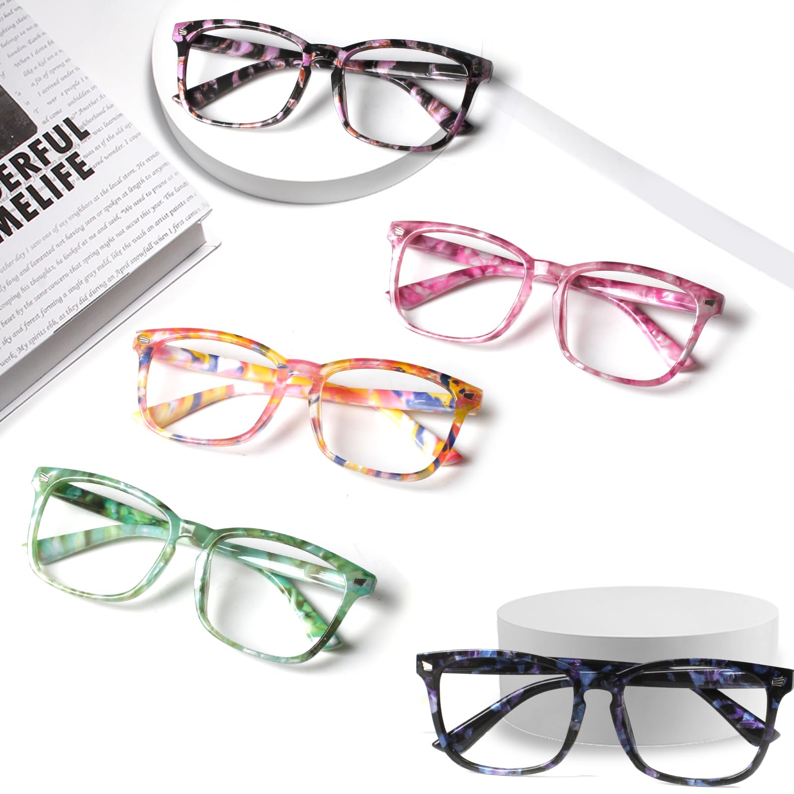 Henotin Blaulichtblockierende Lesebrille für Damen und Herren, Federscharnier, Computerleser, Anti-UV-Strahlen, quadratisch, Nerd-Brillen, 4 Stück