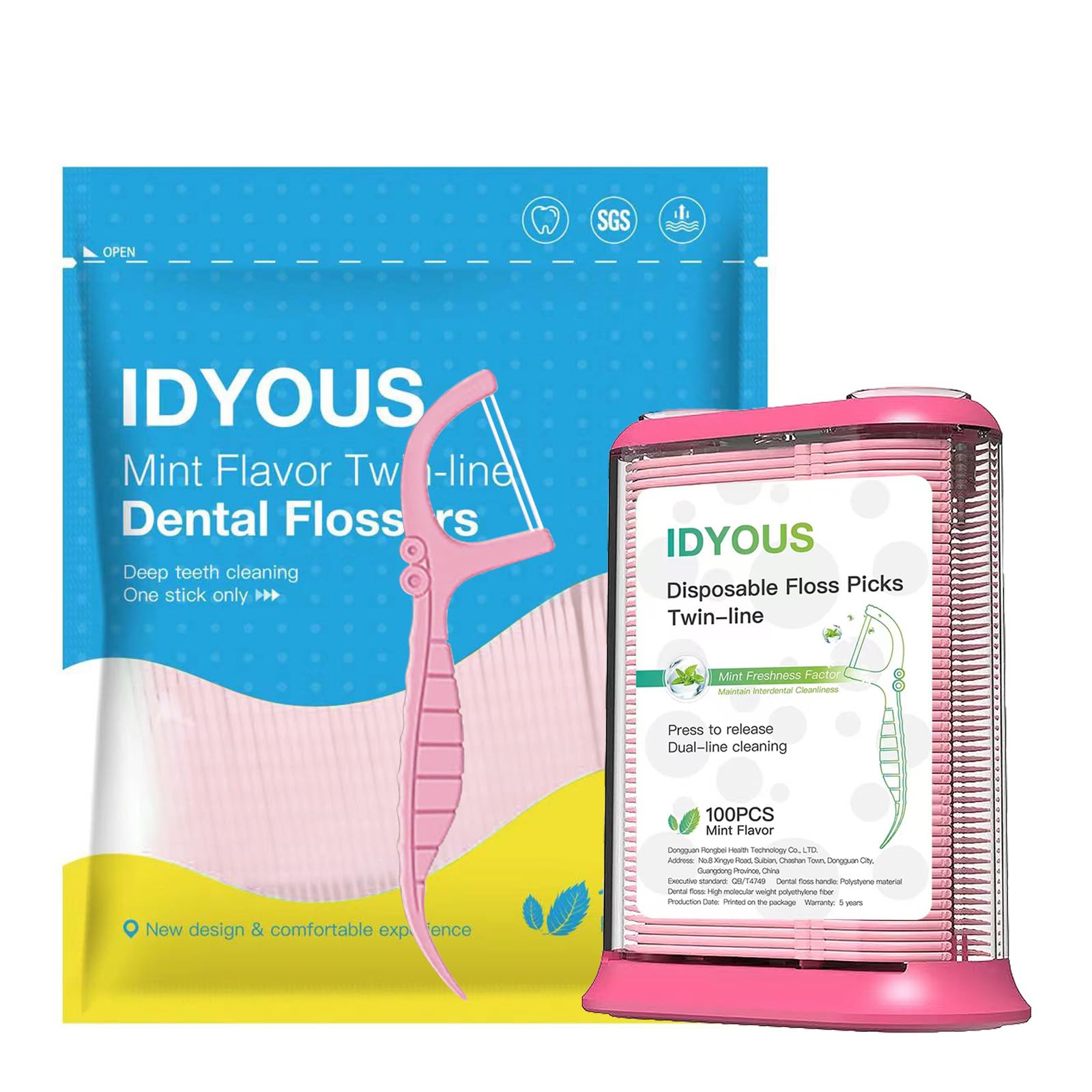 IDYOUS Gentle Mint Toothpicks Twin Line Dental Floss Picks, 200 Count, Includes Automatic Floss Dispenser, Smart Dental Care Storage, Ideal for Home