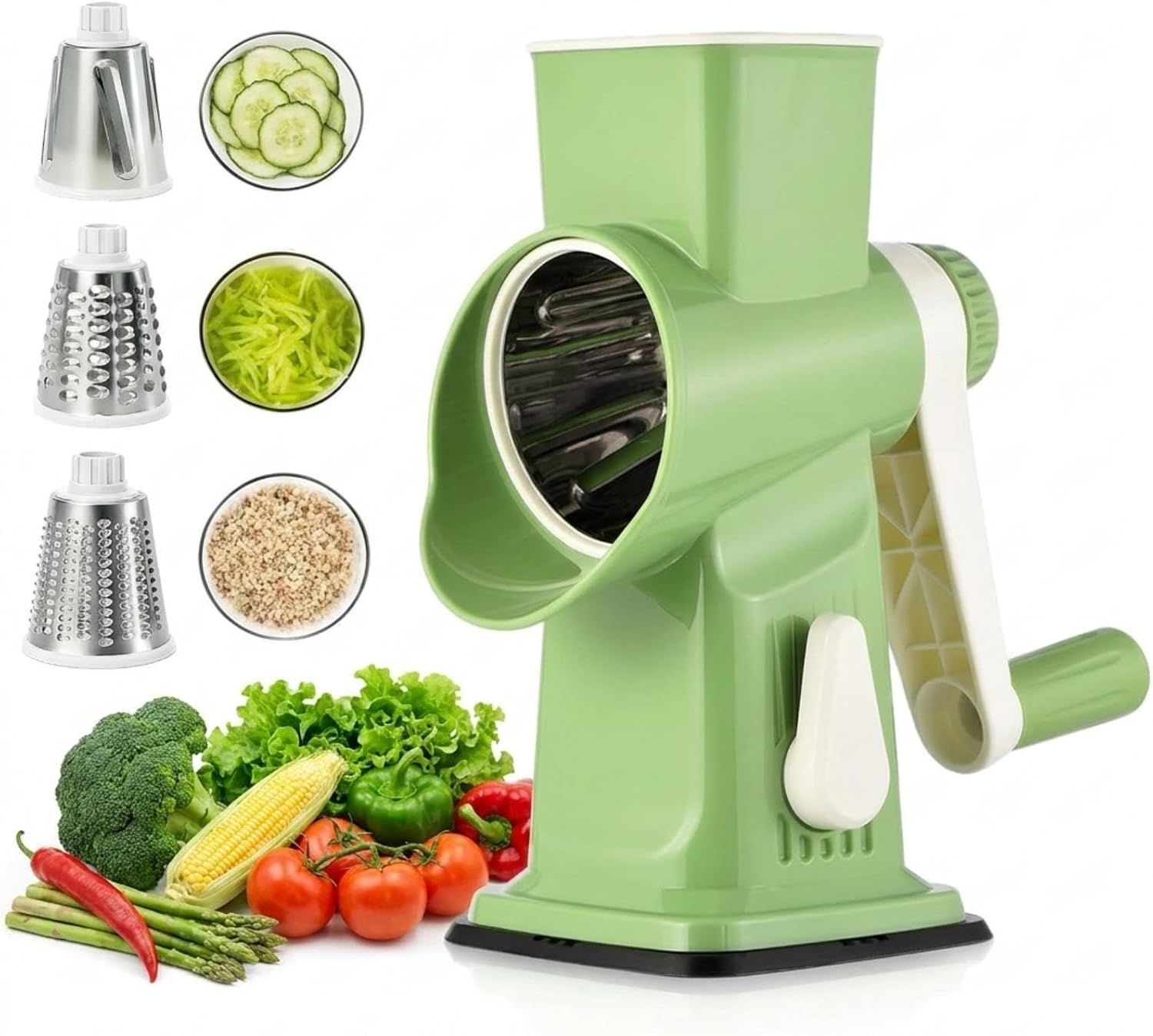 Rotary Cheese Grater & Shredder with 3 Blades, Manual Crank Veggie Spiralizer for Cheese and Vegetable Salad, Kitchen Hand Crank Grater