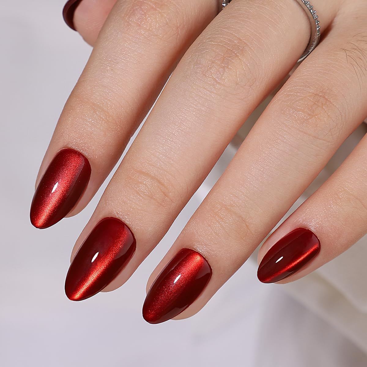 Hrnsnails Almond Shaped Press On Nails, Glue On Nails Short Red Fake Nails with Cat Eye Press On Nails Designs, Acrylic Nails Press On Gel False Nails