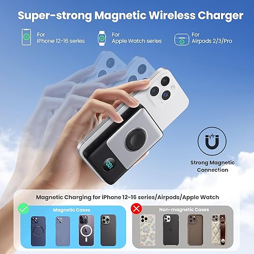 Miniatura 5 de Cargador portátil magnético para iPhone, Banco de energía inalámbrico Qi2 de 10800mAh y 15W con cargador para iWatch, Paquete de batería de viaje
