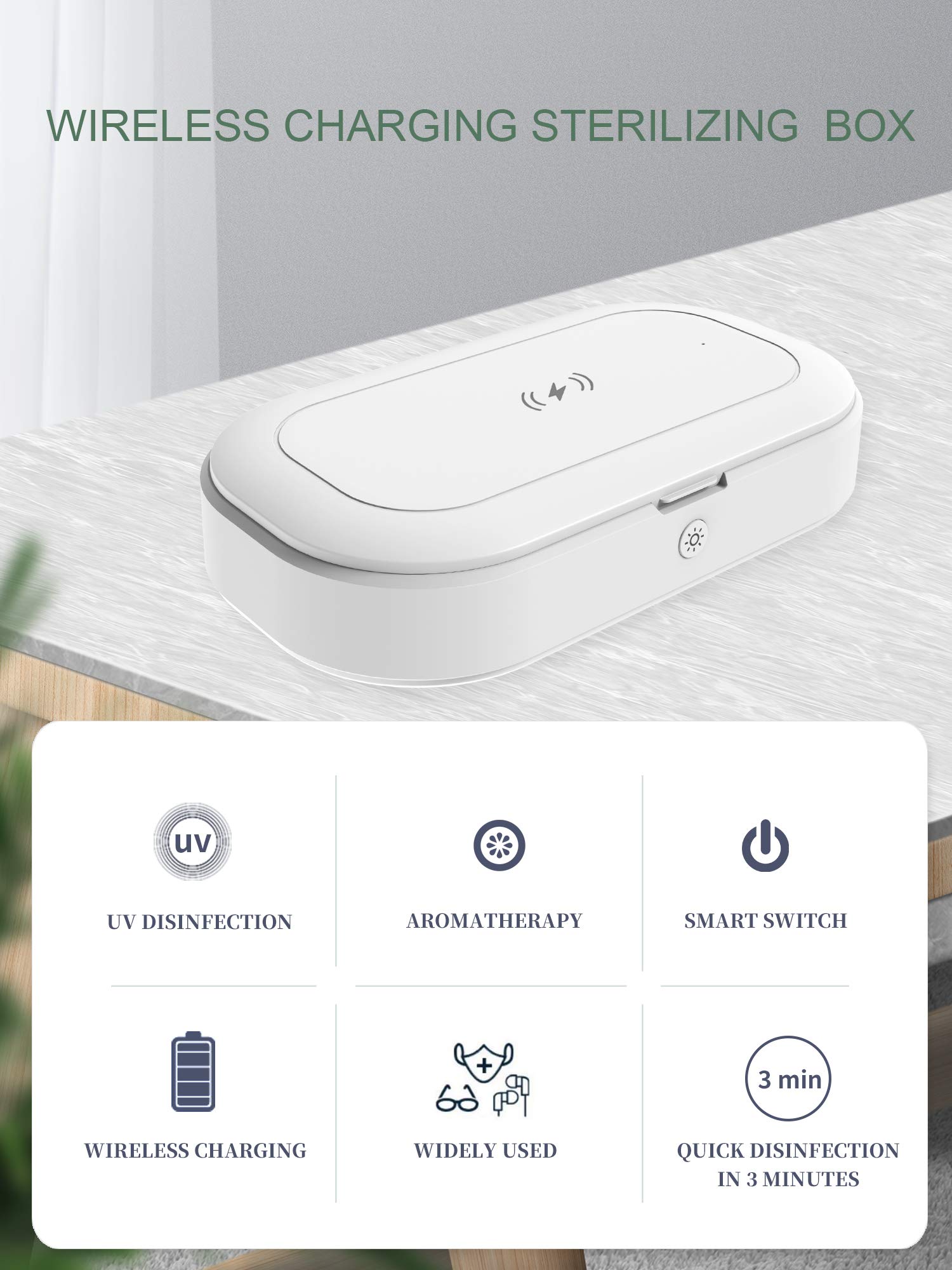 Boîte de désinfection à lumière UV, machine de désinfection portable pour téléphone de voyage, multifonction, sans fil, rechargeable avec fonction d'aromathérapie pour bijoux, masques, lunettes, clés