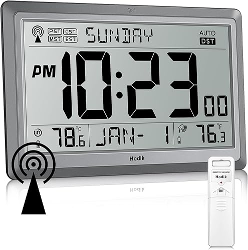 Miniatura 9 de Reloj de pared atómico con temperatura interior y exterior, alimentado por batería, fácil lectura con pantalla LCD grande de 10.5 pulgadas, reloj de