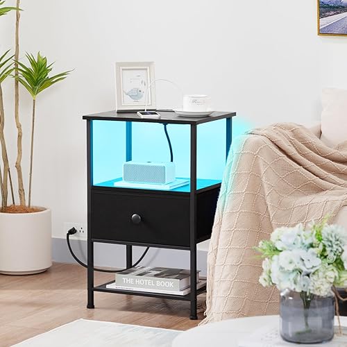 Miniatura 2 de LOAKEKEL Juego de 2 mesitas de noche LED con estación de carga, mesas auxiliares pequeñas para espacios pequeños, mesita de noche delgada con cajón