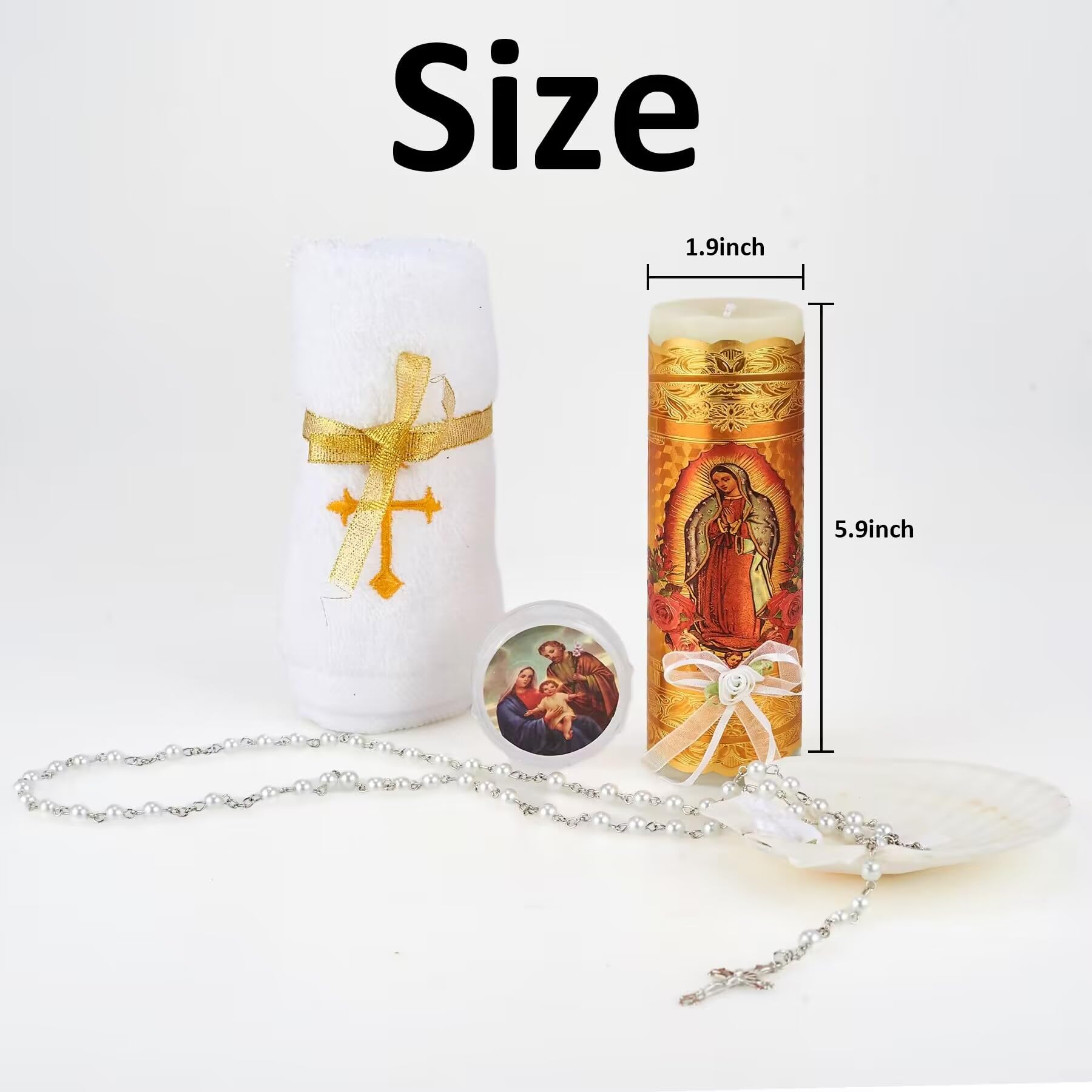 Juego de velas de bautizo para niños y niñas, juego de velas de bautizo católicas, velas para bautizo, vela de bautizo para niño, incluye vela de la Virgen de Guadalupe, toalla, rosario y concha