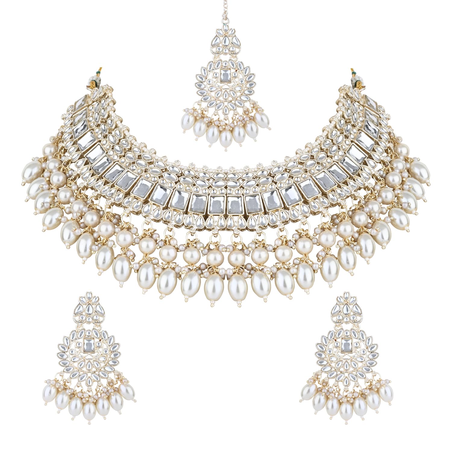 i jewels Traditional Kundan & Pearl Drop Choker Necklace Jewellery with Dangle Earrings & Maang Tikka For Women (K7281W)-picture-12