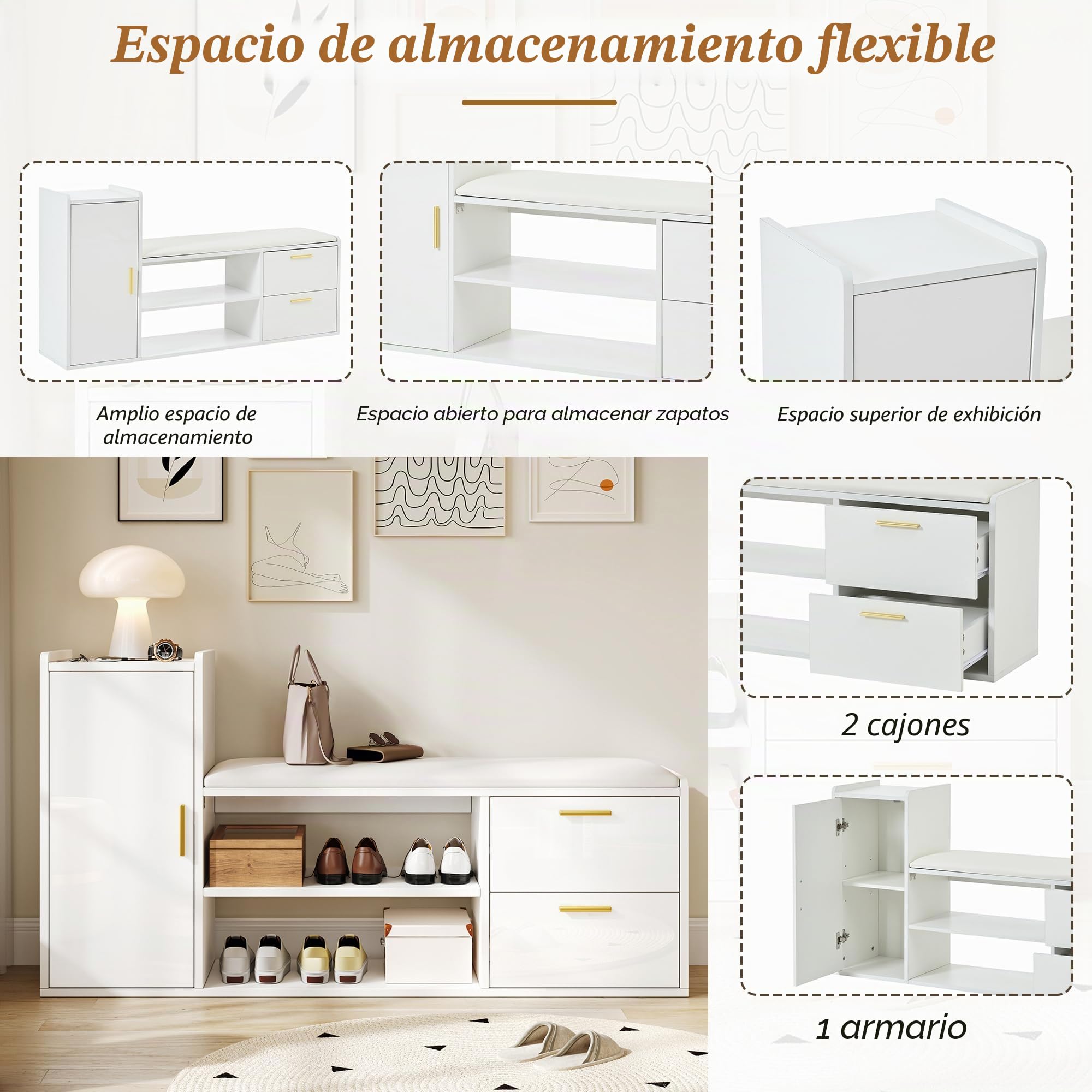 128 x 30 x 68 cm, zapatero con 2 cajones, 1 armario, bancos con acolchado y espacio de almacenamiento, adecuado para salón, pasillo, oficina, color blanco