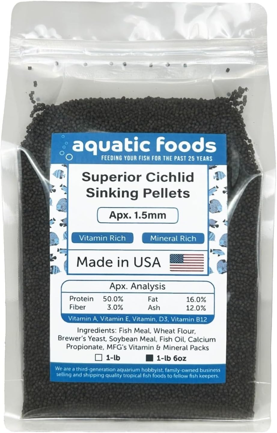 Aquatic Foods Inc. Superior Cichlid 1.5mm Sinking Pellets. 50% Protein Premium Pellets for All Juvenile & Small Central and South American Cichlids…3-lbs Clear Bag